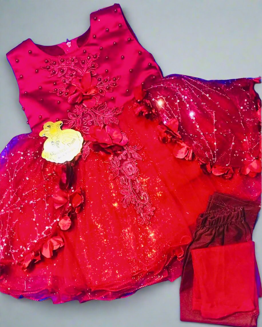 Stunning Red Floral Embellished Girls' Fancy Dress