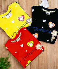 Colorful Heart Patterned Girls' T-Shirt Trio - Yellow, Red, Black