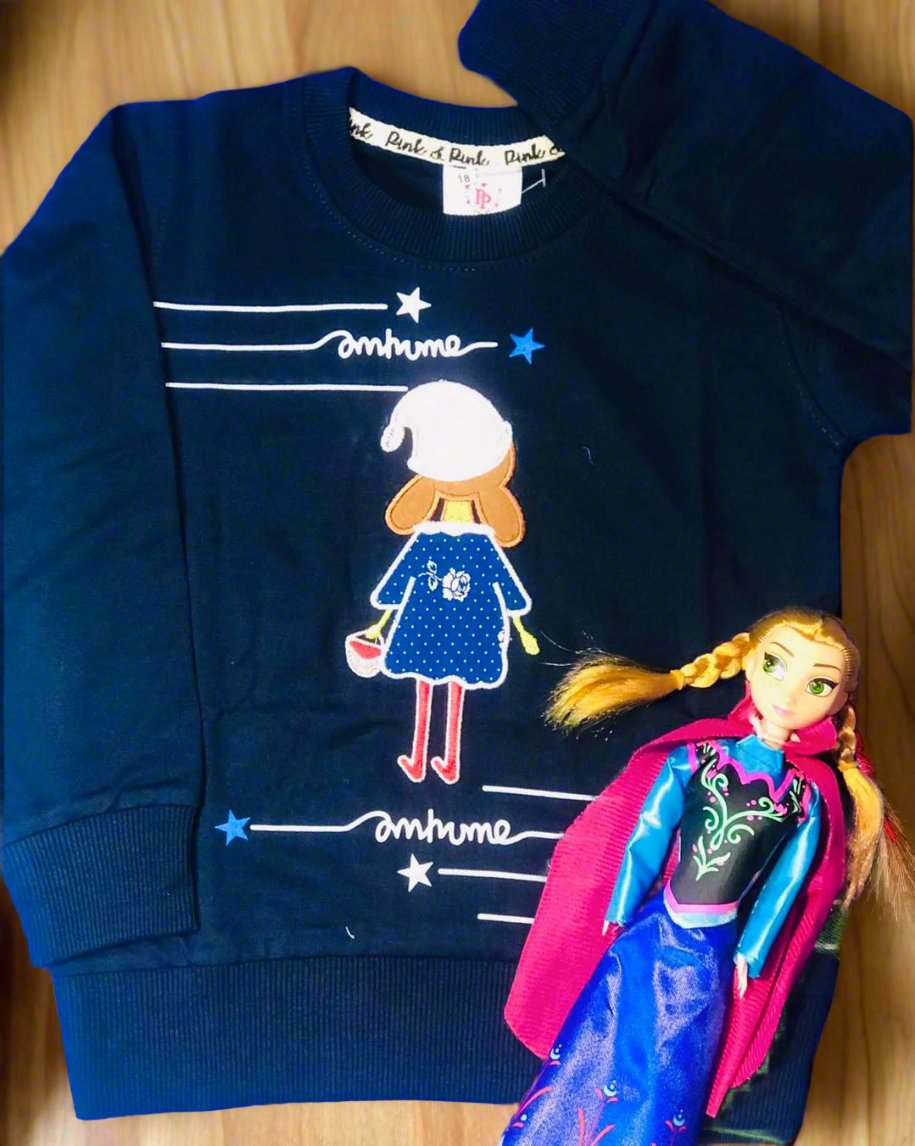 Girls' Navy Blue Sweatshirt with Adorable Doll Graphic