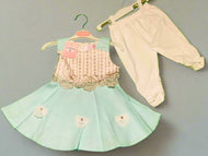 Elegant Lace-Trimmed Mint Green Girls' Fancy Frock Set with White Leggings