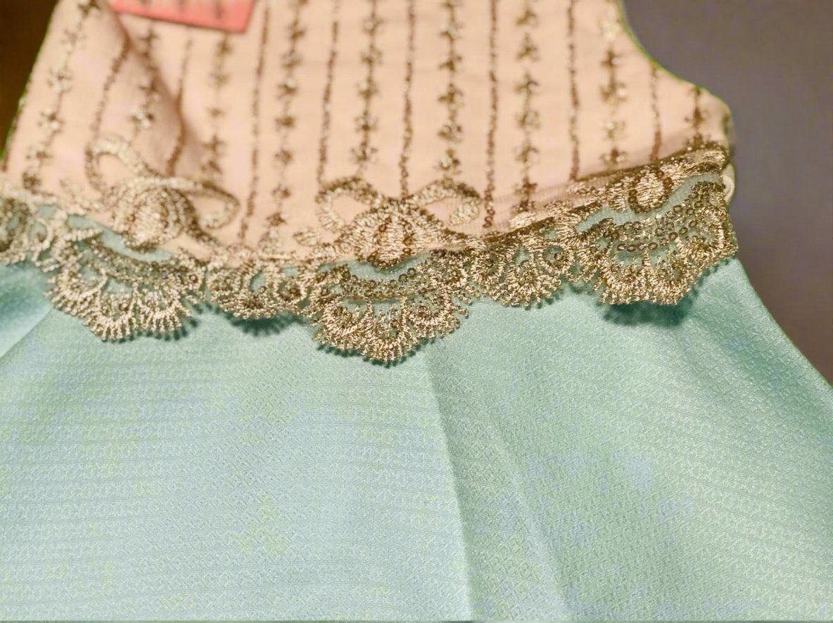 Elegant Lace-Trimmed Mint Green Girls' Fancy Frock Set with White Leggings