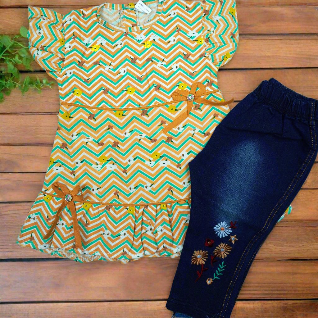 Chic Chevron Top and Embroidered Jeans Set for Girls