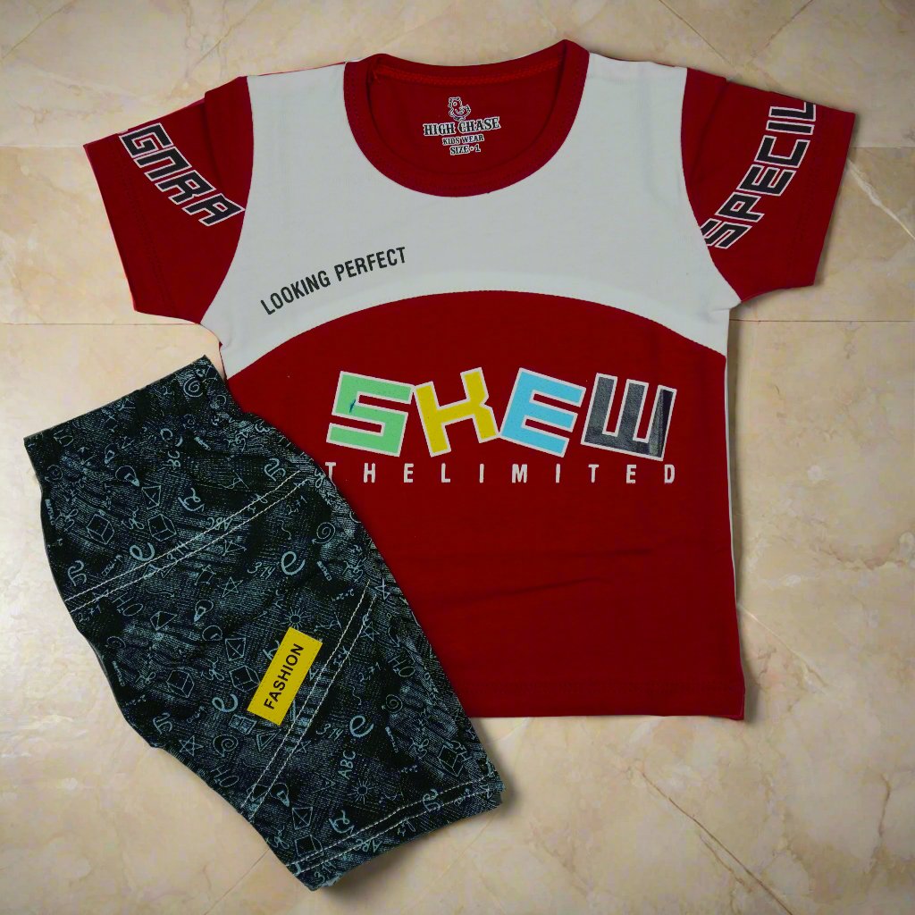 "Boys' Red and Black Graphic Print T-Shirt & Shorts Set - Fashion and Comfort Combined"