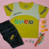 Vibrant Yellow "SKEW" Graphic Tee & Printed Shorts Set for Kids