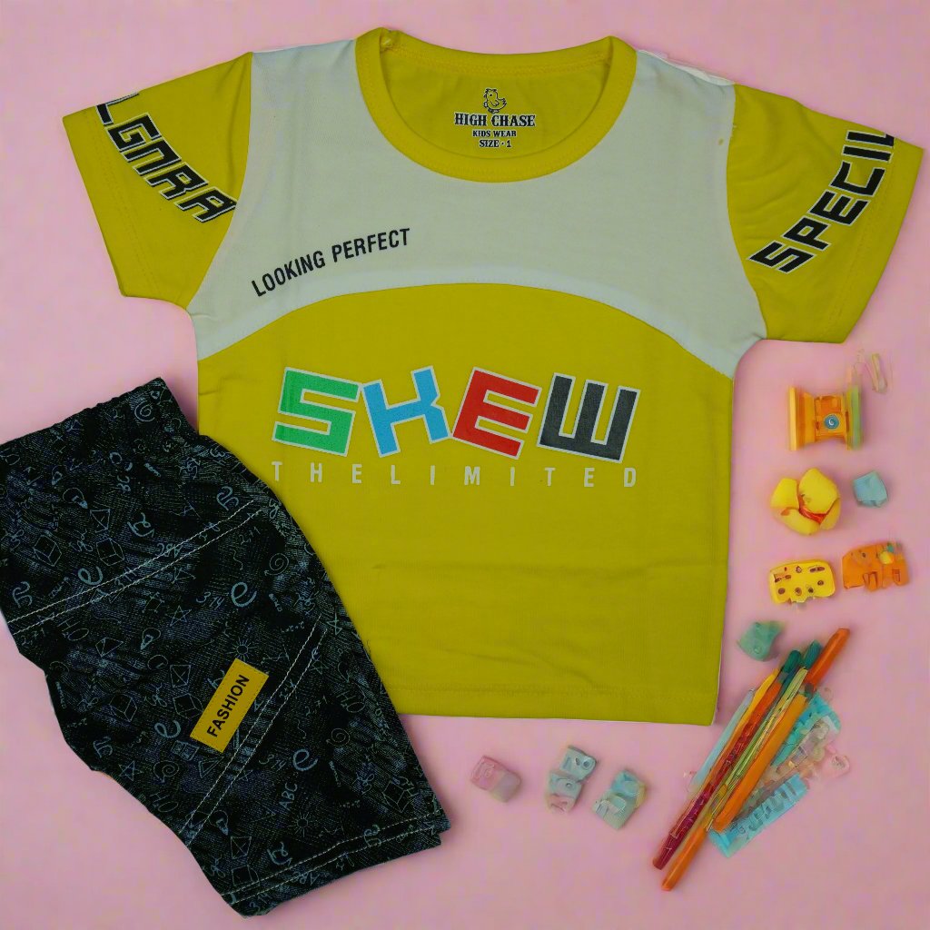 Vibrant Yellow "SKEW" Graphic Tee & Printed Shorts Set for Kids