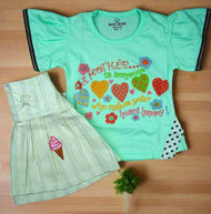 Adorable Heartfelt Love Outfit for Girls – Mint Green Top and Striped Skirt Set