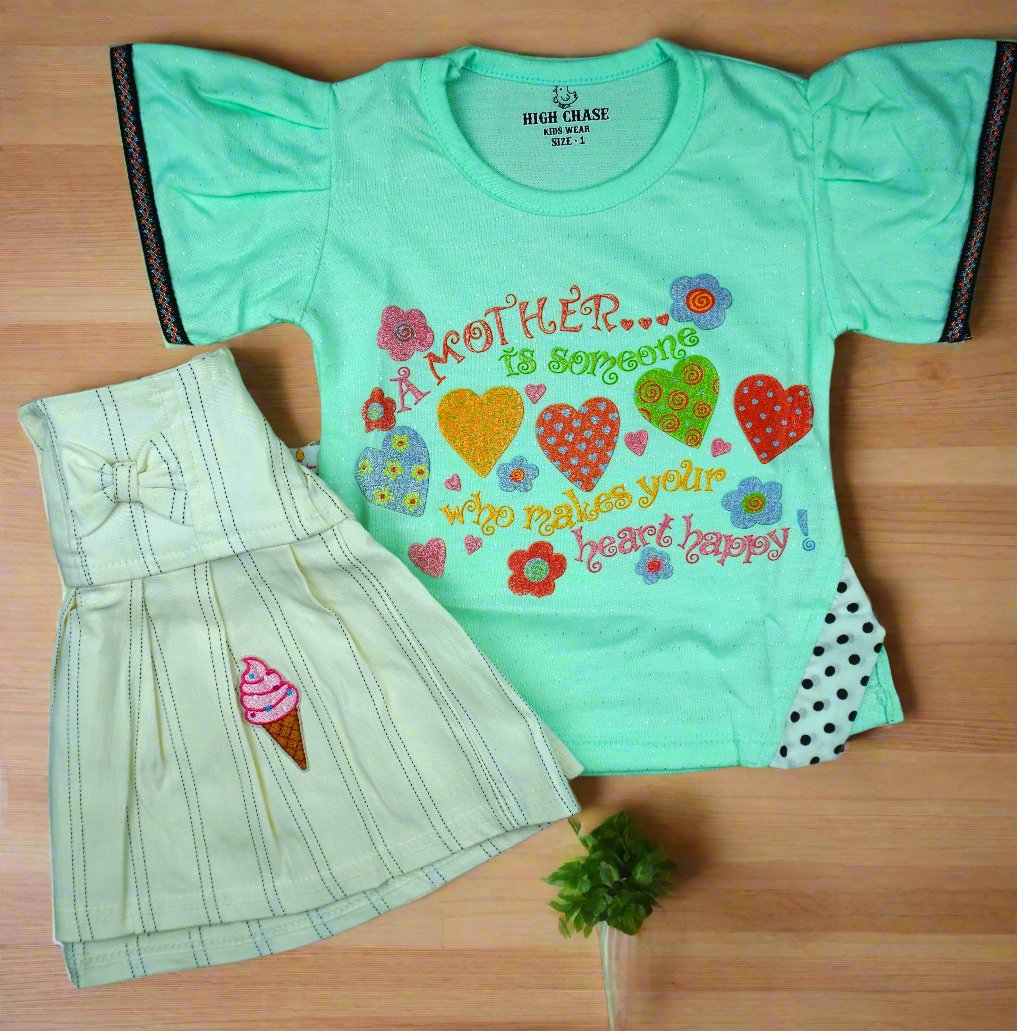 Adorable Heartfelt Love Outfit for Girls – Mint Green Top and Striped Skirt Set