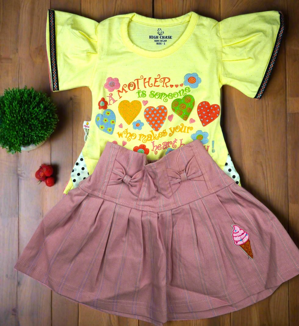 High Chase Adorable Yellow T-Shirt and Pink Skirt Set for Girls