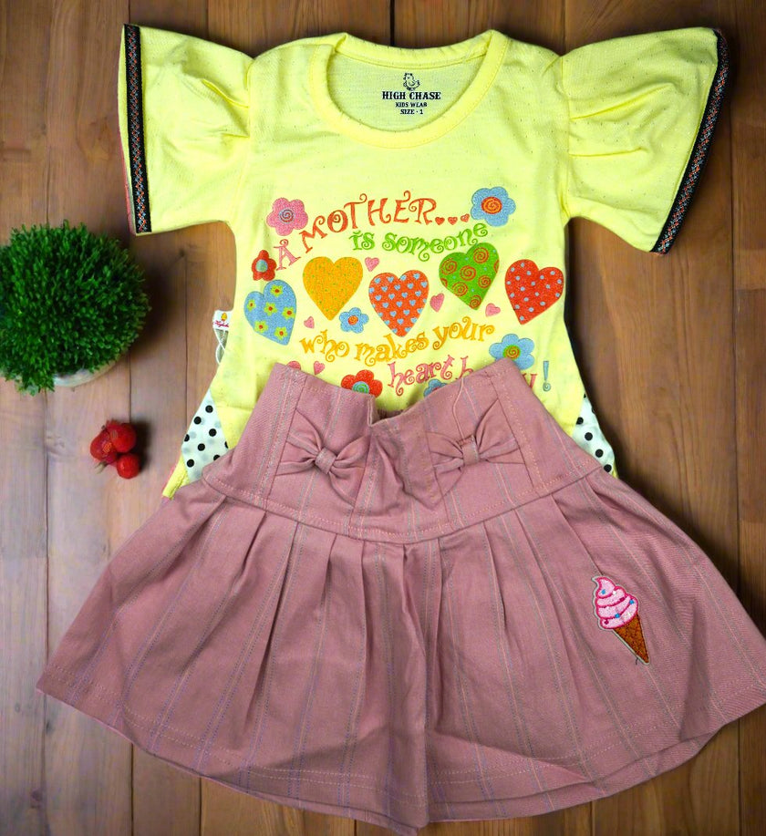 High Chase Adorable Yellow T-Shirt and Pink Skirt Set for Girls