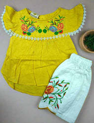 Charming Yellow Floral Embroidered Top and White Trousers Set for Girls