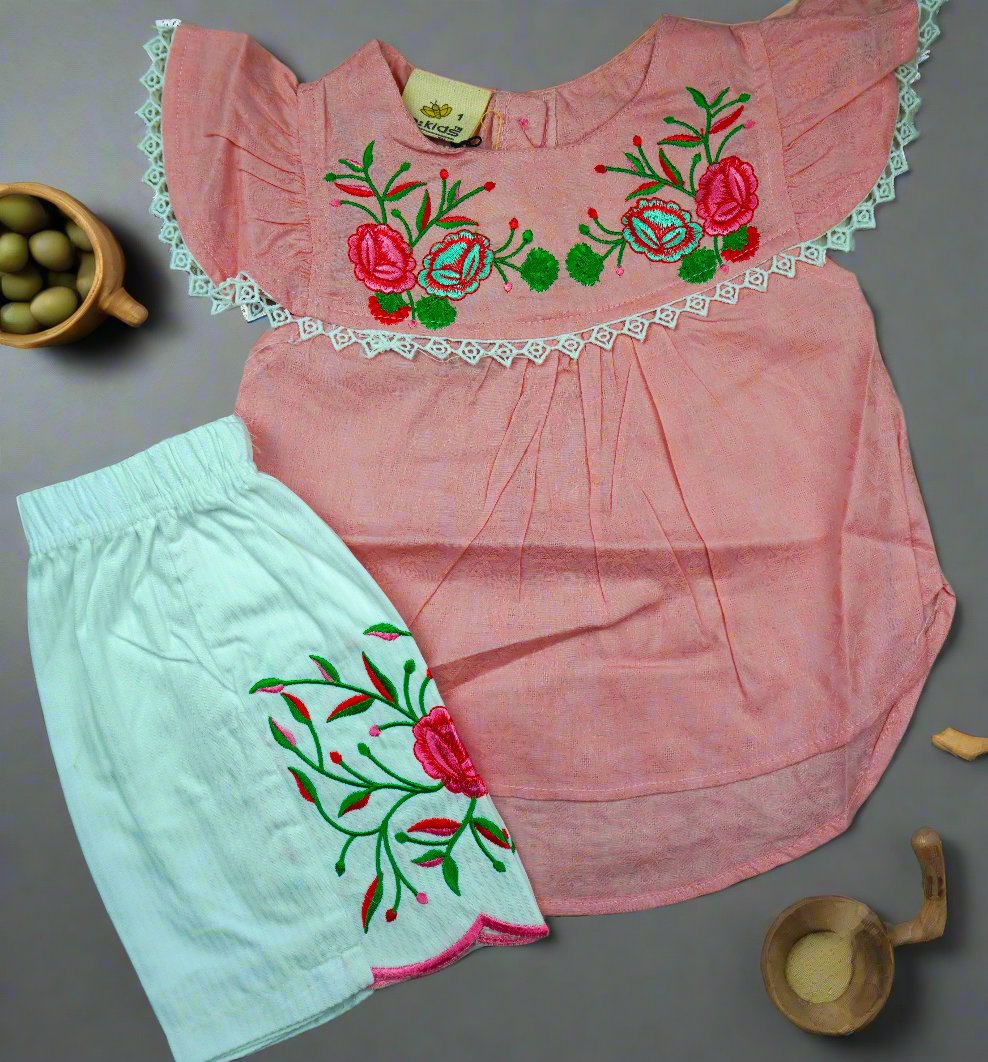 Charming Floral Embroidered Top and Trouser Set for Girls