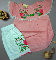 Charming Floral Embroidered Top and Trouser Set for Girls