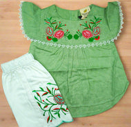 Elegant Green Embroidered Top and White Trouser Set for Girls